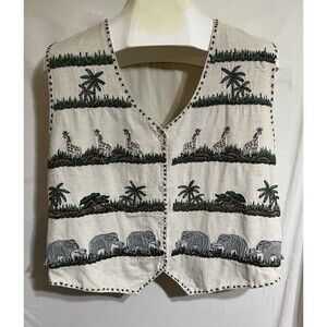 Vintage Vest  New Direction Animal Zoo Safari Elephant Giraffe 80s  Teacher  C￼
